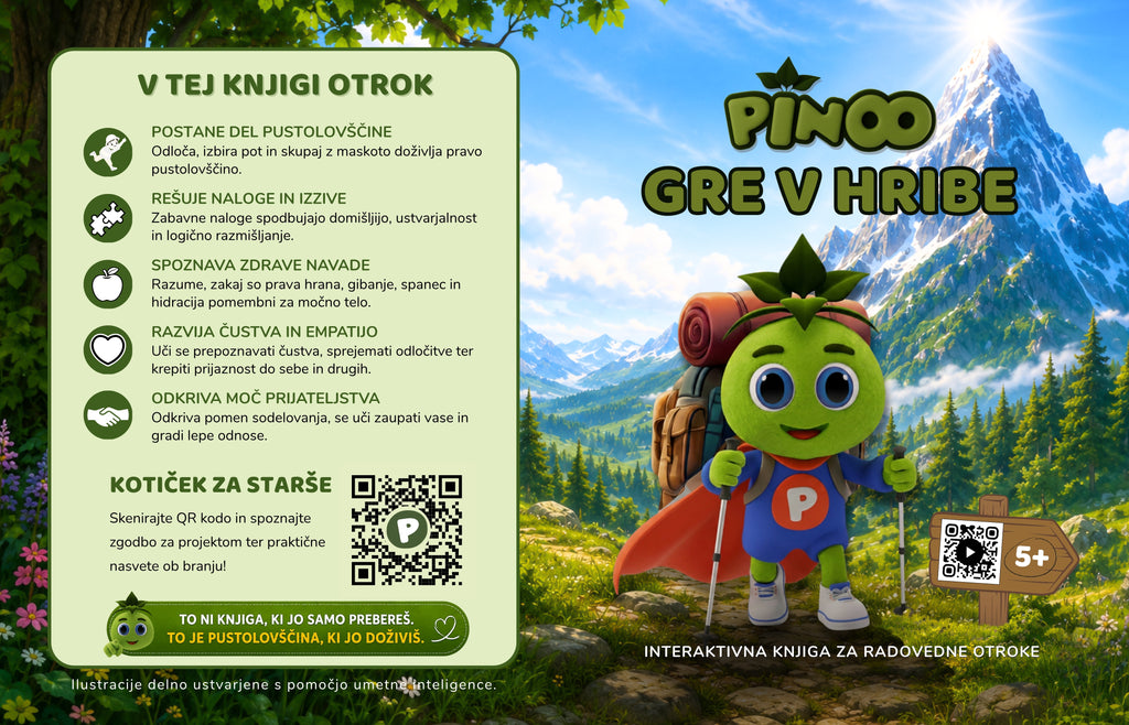 Pinoo gre v hribe - interaktivna knjižica za otroke od 5 do 8 let